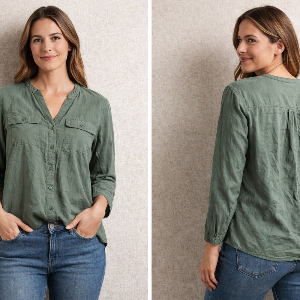 St. John’s Bay Olive Green Utility Shirt Women’s Large Button Front Workwear Top